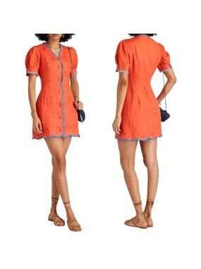 NWT Saloni Marlee Embellished Linen Short Sleeve Mini Dress Orange Size: 10